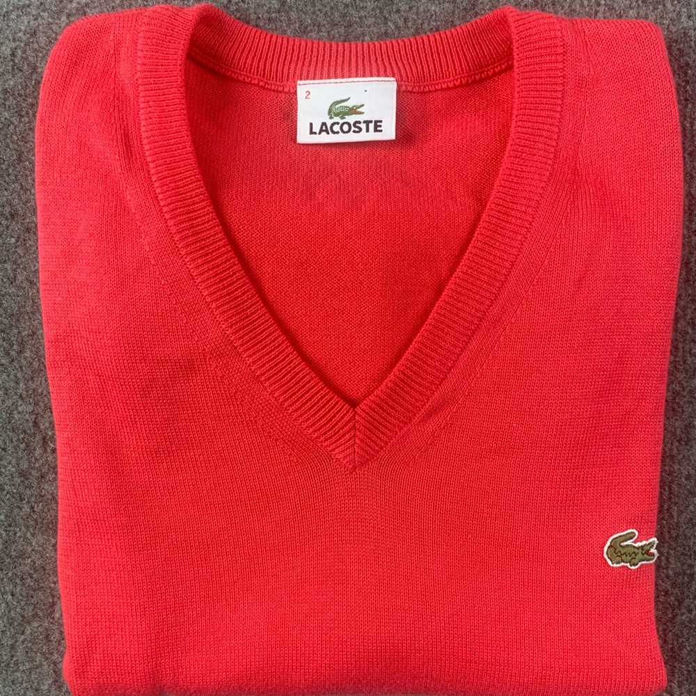 Lacoste Mens 100% Cotton V Neck Golf Sweater Vest Size 2 Pink